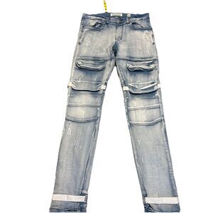 Men’s Stacked Denim Jeans Cargo Moto Grunge Ribbed Punk Acid Wash Pants 34 x 34